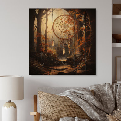 Gold Dream Catcher Natures Whispers I - Landscapes Print on Natural Pine Wood