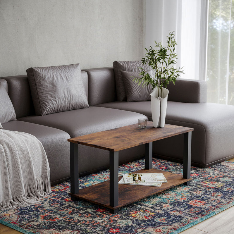 Shemari Solid Wood Coffee Table with Storage, Black, Rustic Brown