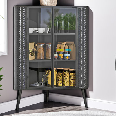 3-Tier Metal Frame Pantry Organizer Corner Storage Cabinet with Tempered Glass Doors for Bathroom/Kitchen by George Oliver