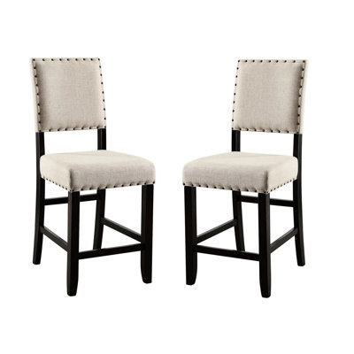 Chaises de salle à manger à hauteur de comptoir rustique, 2 pièces, revêtement beige et bois massif avec garniture cloutée de style industriel en tissu noir antique