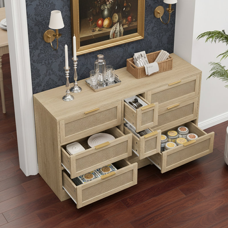 Stylish Rattan Storage Cabinet With 9 Drawers, Metal Handles For Organized And Elegant Home Decor, Natural