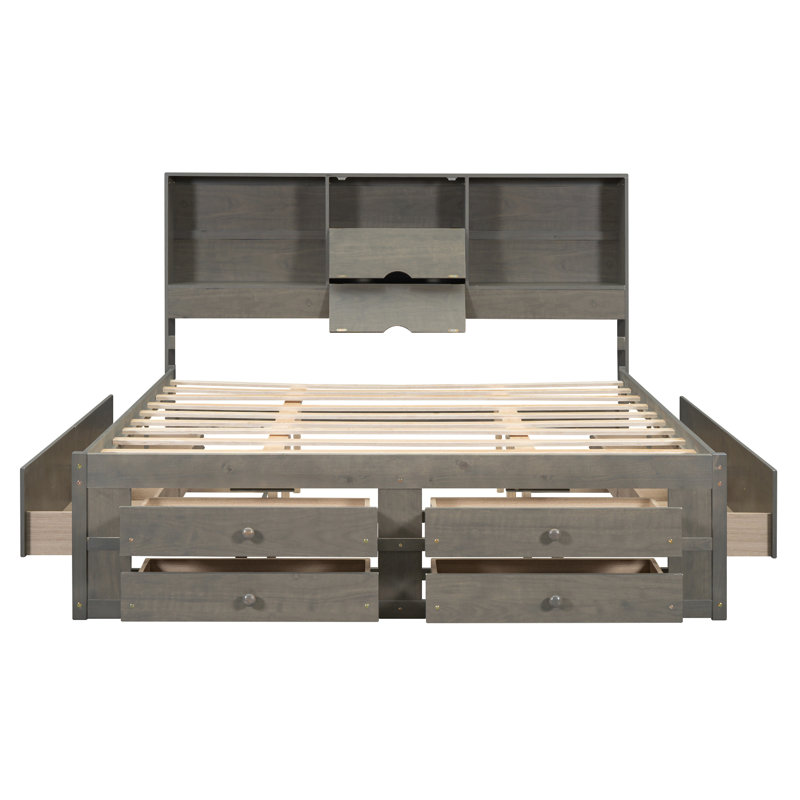 Lit plateforme très grand avec tête de lit à rangement et 8 tiroirs, Gris, Très grand