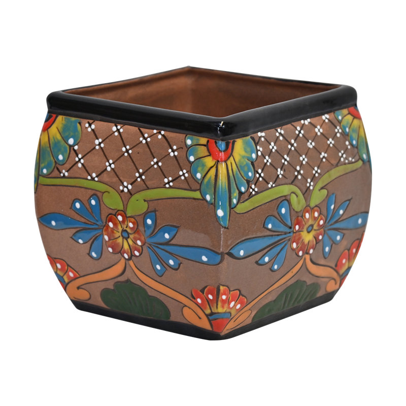 Desert Bloom Hand Painted Square Talavera Planter