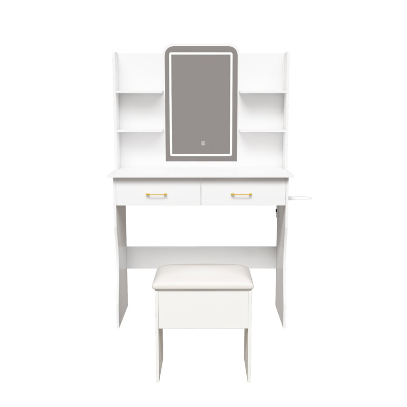 Coiffeuse avec éclairage ambiant intelligent, 2 prises de courant alternatif et 6 espaces de rangement ouverts pour les chambres des femmes