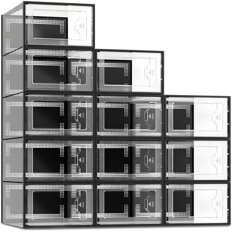 Paquet de 12 boîtes de rangement pour chaussures modernes en plastique avec devant transparent, empilable, pliable et ventilé pour garde-robe organisé et maison