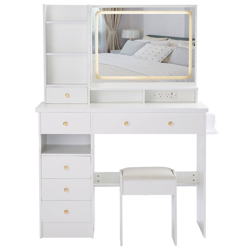 41" Large Size Left Drawer Desktop Vanity Table+Cushioned Stool Dresser Set, 2 AC+2 USB Power Station, Hair Dryer Stand, Extra Large Touch Control LED Mirror, 3-Color Switch, EPA, GCC, UL Certificate