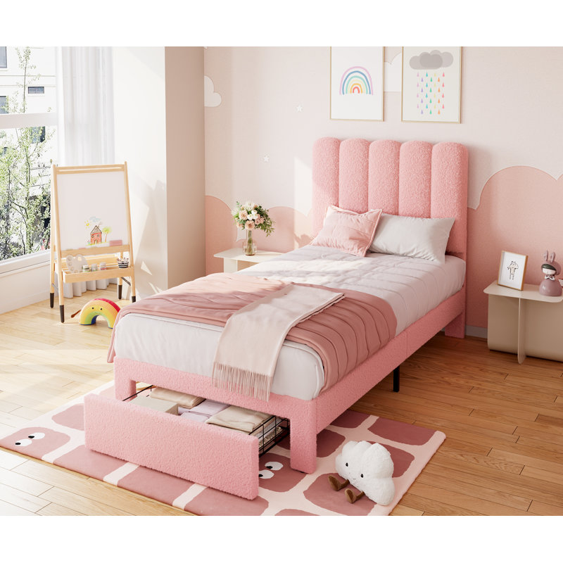 Base de lit tapissier Chic Chic - taille simple, tête de lit Wave, tiroir de rangement sous le lit, support de lattes en bois moderne, robuste et confortable, assemblage facile, aucune boîte fraîche nécessaire - rose, taille simple