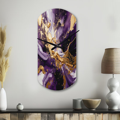 Purple And Gold Liquid Magic III - Cylinder Shape Large Purple Wall Clock Sculpture