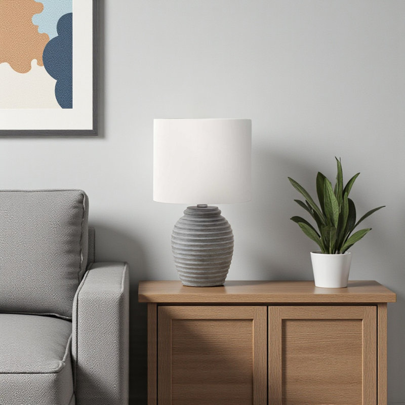 Milana Standard Resin Table Lamp in Gray and Ivory Shade, 16.36'' H X 9.29'' W X 9.29'' D