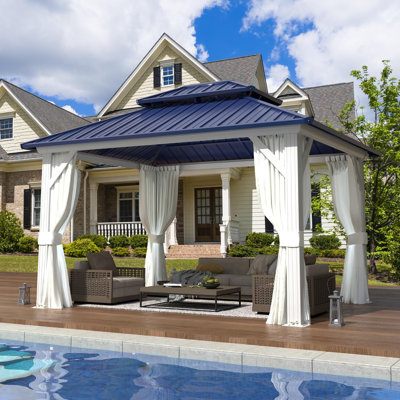 10'x12' Gazebo Hardtop, Galvanized Steel Double Roof Metal Gazebo With Aluminum Frame, Permanent Outdoor Pavilion With Curtain & Netting For Patio Lawn And Garden, Blue
