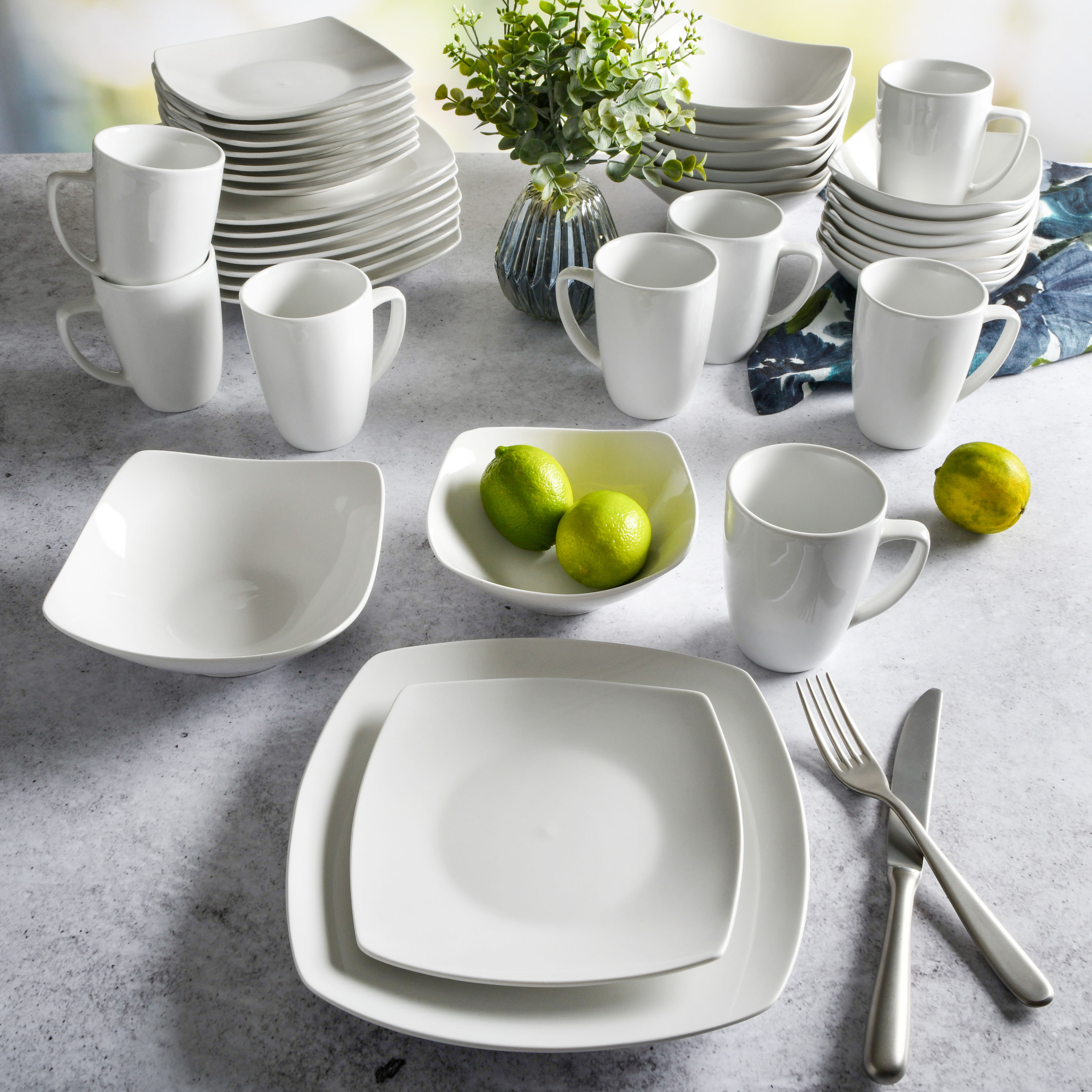 MALACASA Dinnerware Sets, 24-Piece Porcelain Square