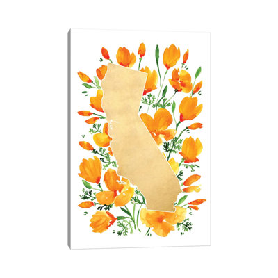 Map Of California With Watercolor California Poppies by Blursbyai - Gallery-Wrapped Canvas Giclée on Canvas