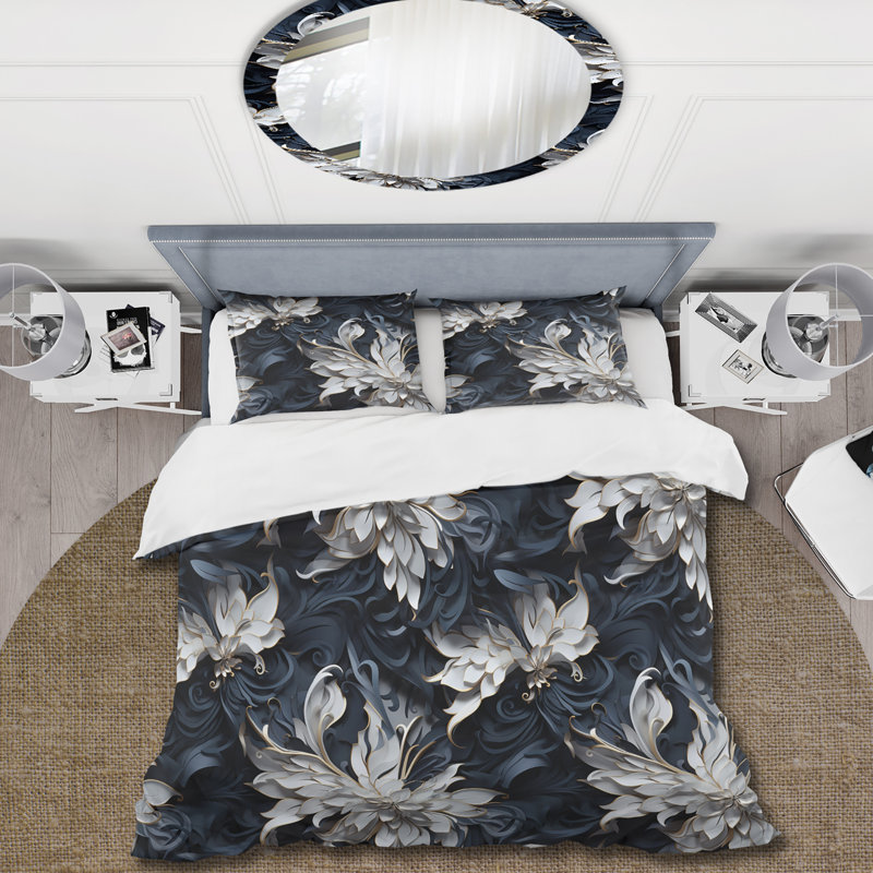 Ensemble de housse de couette blanc et argent à motif cachemire sphinx, Housse de couette simple + 1 taie décorative stan
