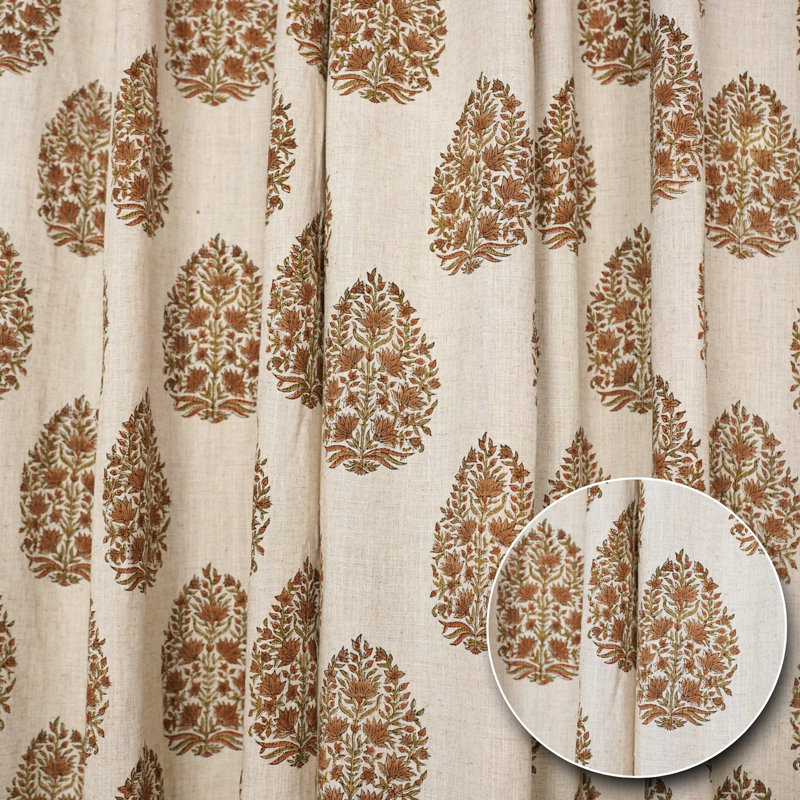 Fabdivine Block Printed Curtain Coloured Linen Traditional Floral Design - Kumud, 54" W x 102" L