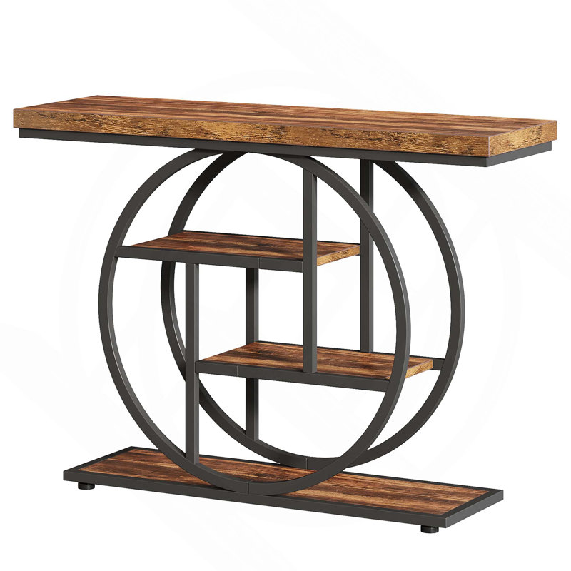 Stylish Industrial 4-Tier Console Table With Circle Base, Perfect For Living Rooms And Hallways, Maximizes Storage And Aesthetic Appeal