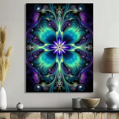 Turquoise néon fractal fleurs I - Boho Mandala Wall Art