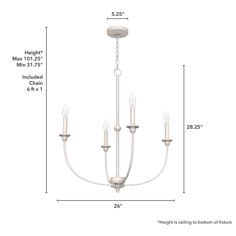 Hunter Southcrest 4 Light Chandelier Ceiling Light Fixture, Distressed White, 28.25" H x 26" W x 26" D