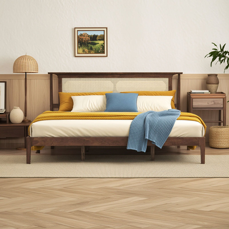 Lit plateforme en bois avec tête de lit en rotin en PE tressé et pieds de soutien renforcés, Très grand lit, Noyer