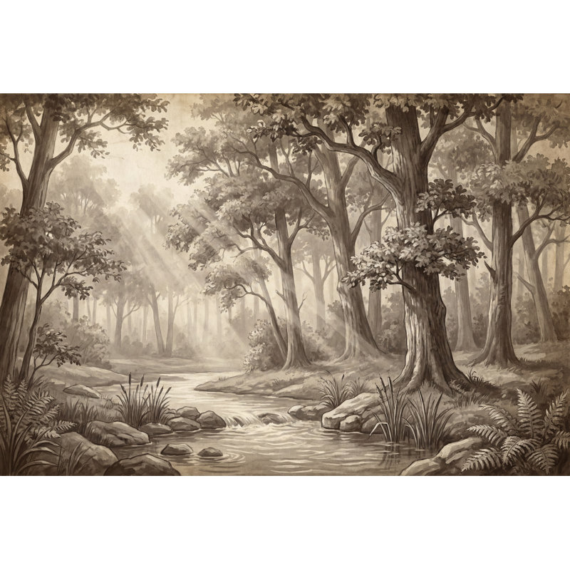 Papier peint amovible sépia Sun Rays Woodland Creek, 120 po x 96 po, Textured Non-Pasted