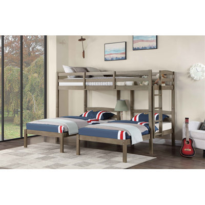 Triple Twin Bed Transitional Style USB Port And Power Outlet On Builtin Nightstand With Drawer