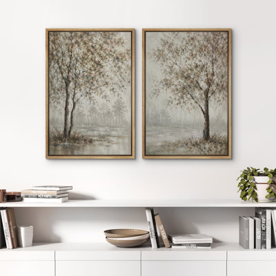 Misty Lakeside Trees in Soft Neutral Tones Framed Canvas Master Bedroom Wall Art Work 2 Pieces Print
