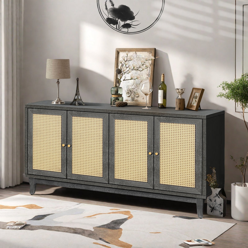 Buffet rétro avec 4 portes en rotin et tablettes réglables