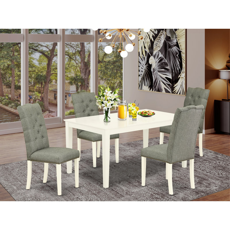 5 Piece Dining Table Set for 4 Includes a Rectangle Kitchen Table and 4 Gray Linen Fabric Upholstered Parson Chairs, Linen White