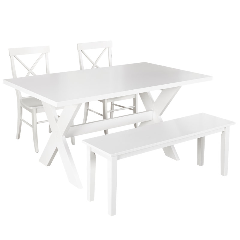 Ensemble repas pour 6 personnes Bengte, 4 pièces : 1 table, 2 chaises, 1 banc, Blanc, Blanc