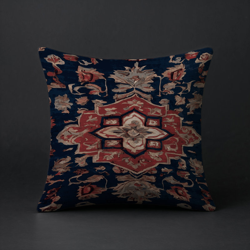 Coussin décoratif intérieur et extérieur Modern, Bleu marine / rouge / gris oriental, Carré 16 po