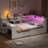 Wood Full Size Platform Bed with Storage Shelves, Drawers, Charging Station, LED, Desk and Upholstered Headboard, White+Beige Cushion-1243408743-1243408741