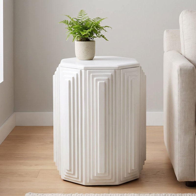 Rustic White 22" x 26" Accent Table with Geometric Octagonal Design, White Wood
