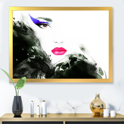 Femme élégante avec maquillage bleu et lèvres rouges - œuvre d'art sur toile glamour