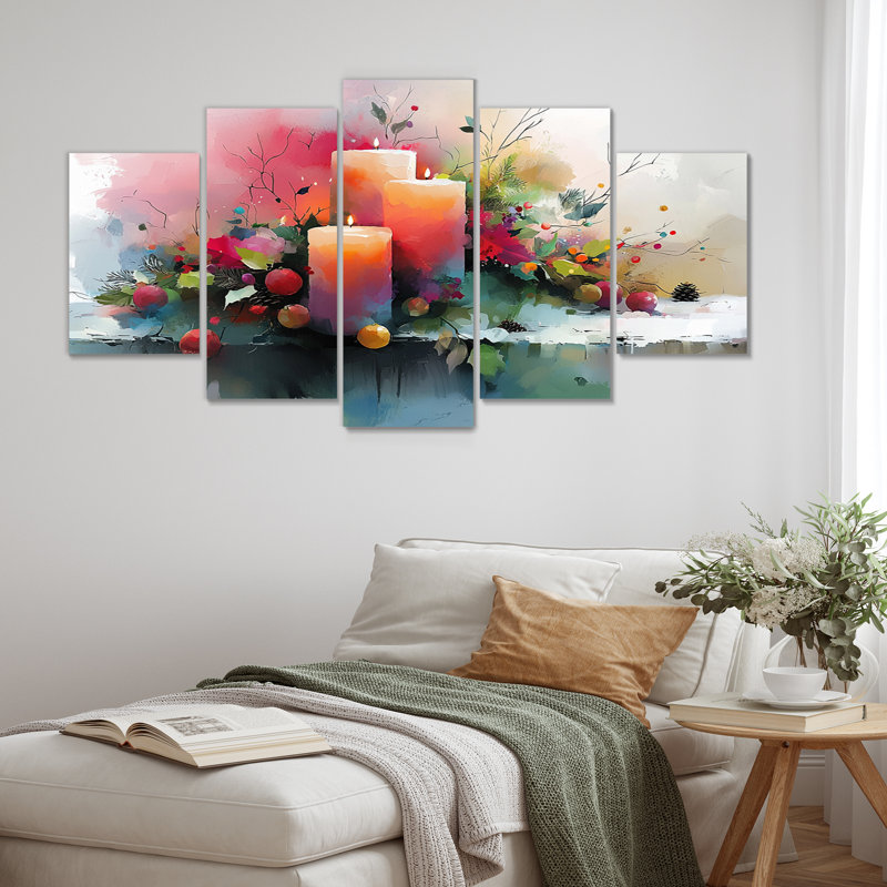 Bougie de Noël rose et orange Glow I - ensemble d'art mural sur toile de Noël