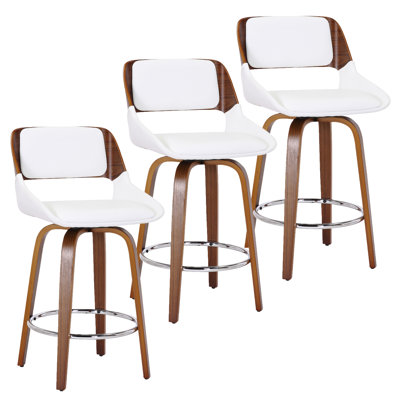 Somerville Mid-Century Faux Leather and Wood 26" Counter Stool with Swivel, Set of 3 - Walnut