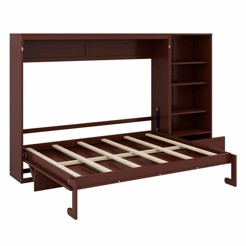 Lit escamotable avec compartiment de rangement et tiroir, Noyer