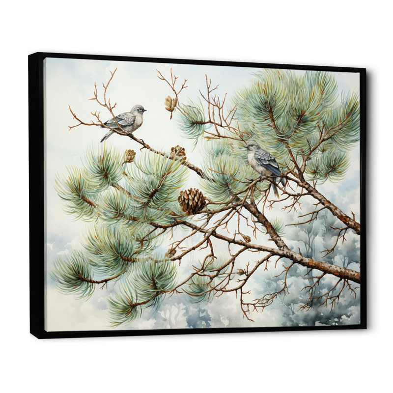 Oiseau sur pin I - Art mural pin, H 16 po x l 32 po x P 1 po, Cadre flottant noir