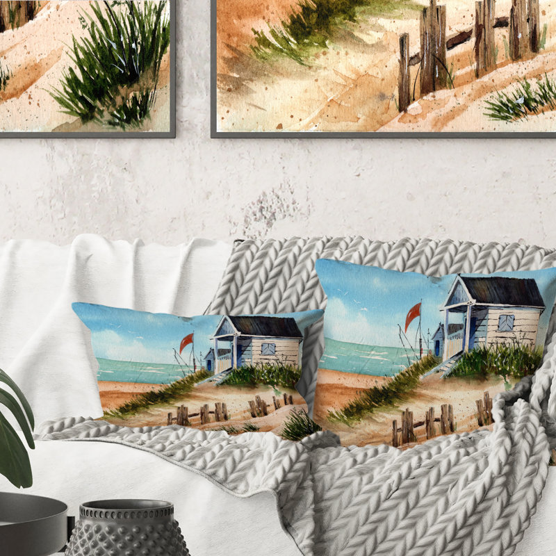 Petit coussin sur le rivage avec vieille clôture - Coussin décoratif imprimé nautique et côtier, 16 po x 16 po