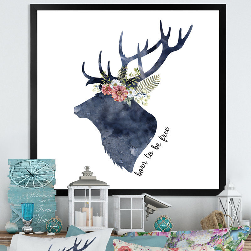 «Botanical Deer Head Silhouette», reproduction d'art sur toile, Cadre noir, H 16 po x l 16 po x P 1 po