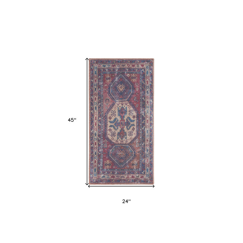 Tapis oriental rouge et bleu marine tissé à la machine 2 pi x 4 pi