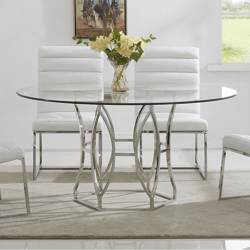 Lofton Round Glass Top Metal Base Dining Table, Silver, 31" H x 54" L x 54" W