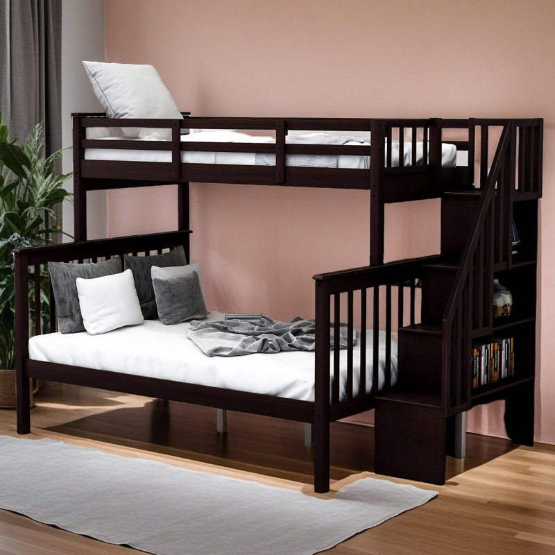 Lit superposé simple au-dessus de double avec rangement et garde-corps pour chambre à coucher Stairway, Espresso
