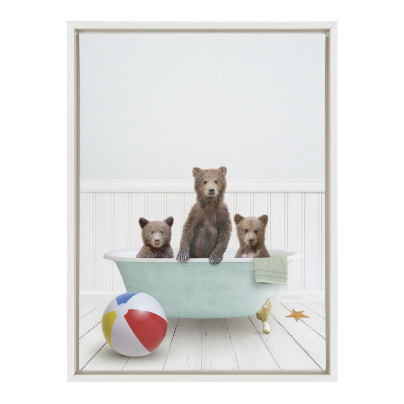 «Three Bear Cubs In Beach House Bath» par Amy Peterson, reproduction d'art sur toile encadrée, Blanc