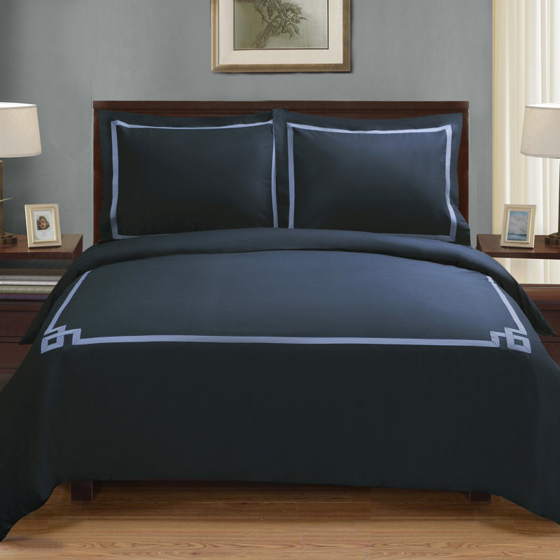 BNM Miller 100% Cotton Embroidered 3 Piece Duvet Cover Set, Full/Queen Duvet Cover + 2 Standard Shams, Navy Blue/Navy Blue