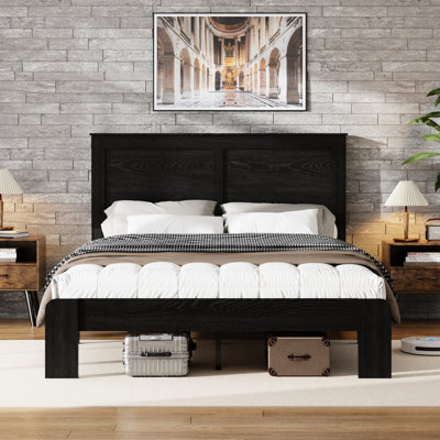 Base de lit double en bois, style plateforme, bruit pour un sommeil silencieux, aucun sommier nécessaire, assemblage simple avec guide, grand espace de rangement noir foncé, esthétique industrielle, chambre à coucher moderne
