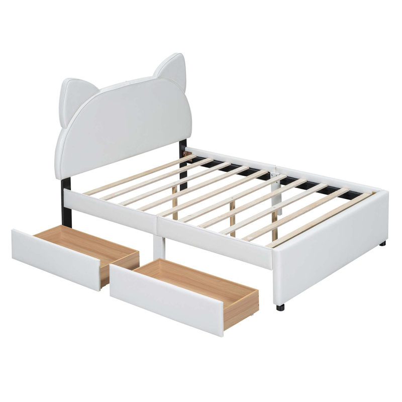 Lit plateforme tapissier avec tête de lit adorable en forme de oreilles de dessin animé et deux tiroirs pratiques pour une chambre de rêve d'enfant