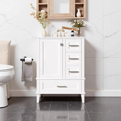 Meuble-lavabo moderne 24,8 po avec lavabo en céramique, armoire autoportante avec porte à fermeture en douceur et 3 tiroirs pour un rangement peu encombrant, blanc
