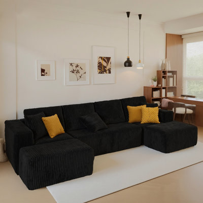 Canapé modulaire modulaire en forme de U, méridienne à 4 places de 132 pouces avec design réversible, tissu en velours côtelé noir - canapé de salon ou de chambre à coucher personnalisable, disposition librement configurable.