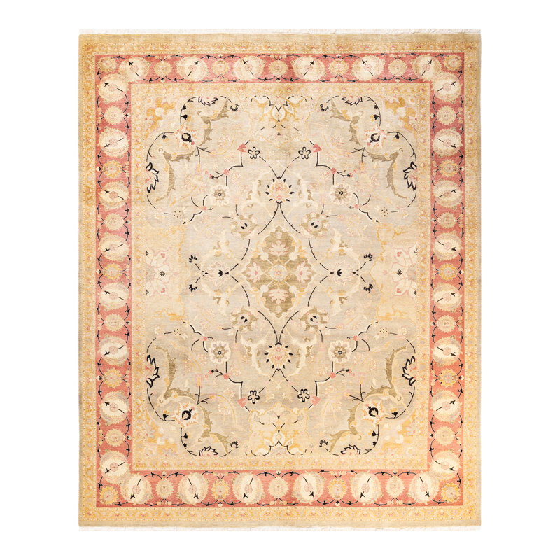 Tapis unique ivoire / beige / rose noué à la main Hosner Mogul 8 pi 2 po x 10 pi 1 po