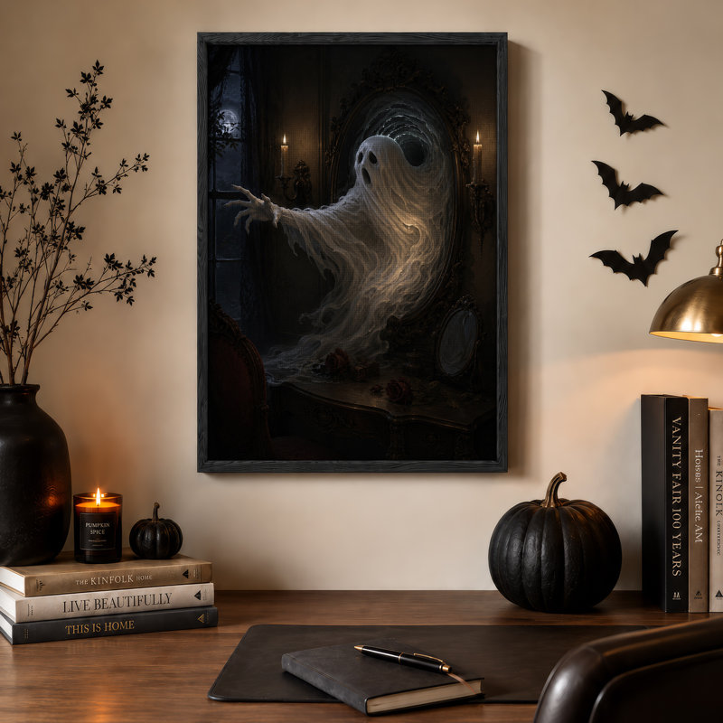 Fantôme émergeant d'un miroir orné dans une pièce sombre - Toile murale d'Halloween, H 48 po x l 36 po