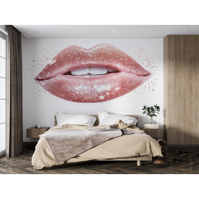 Pink Glitter Lips Wall Decal, Sparkle Makeup Wall Sticker, Beauty Room Wall Art, Glam Bedroom Decor, Salon Vanity Mural 576MV